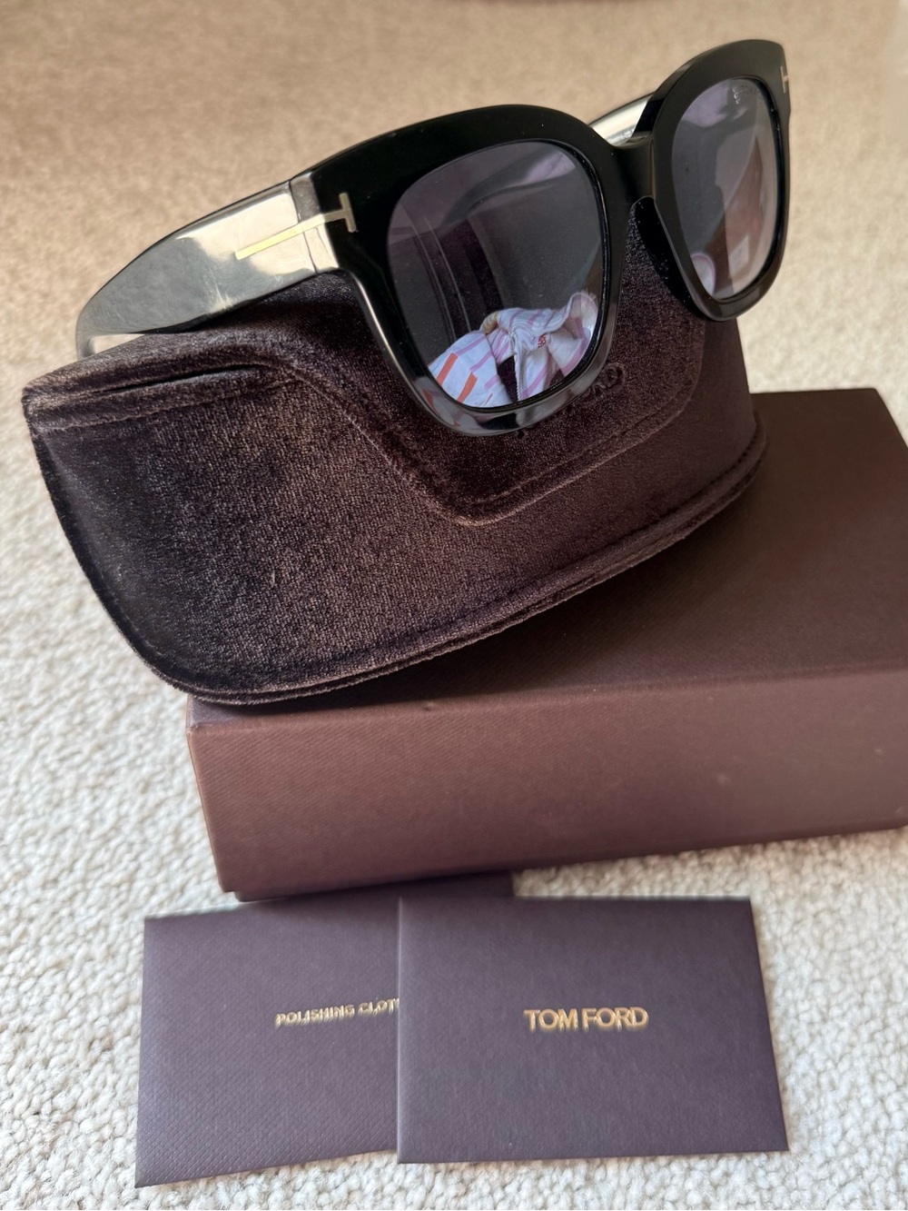 TOM FORD Beatrix Sunglasses, case box and polishing cloth.